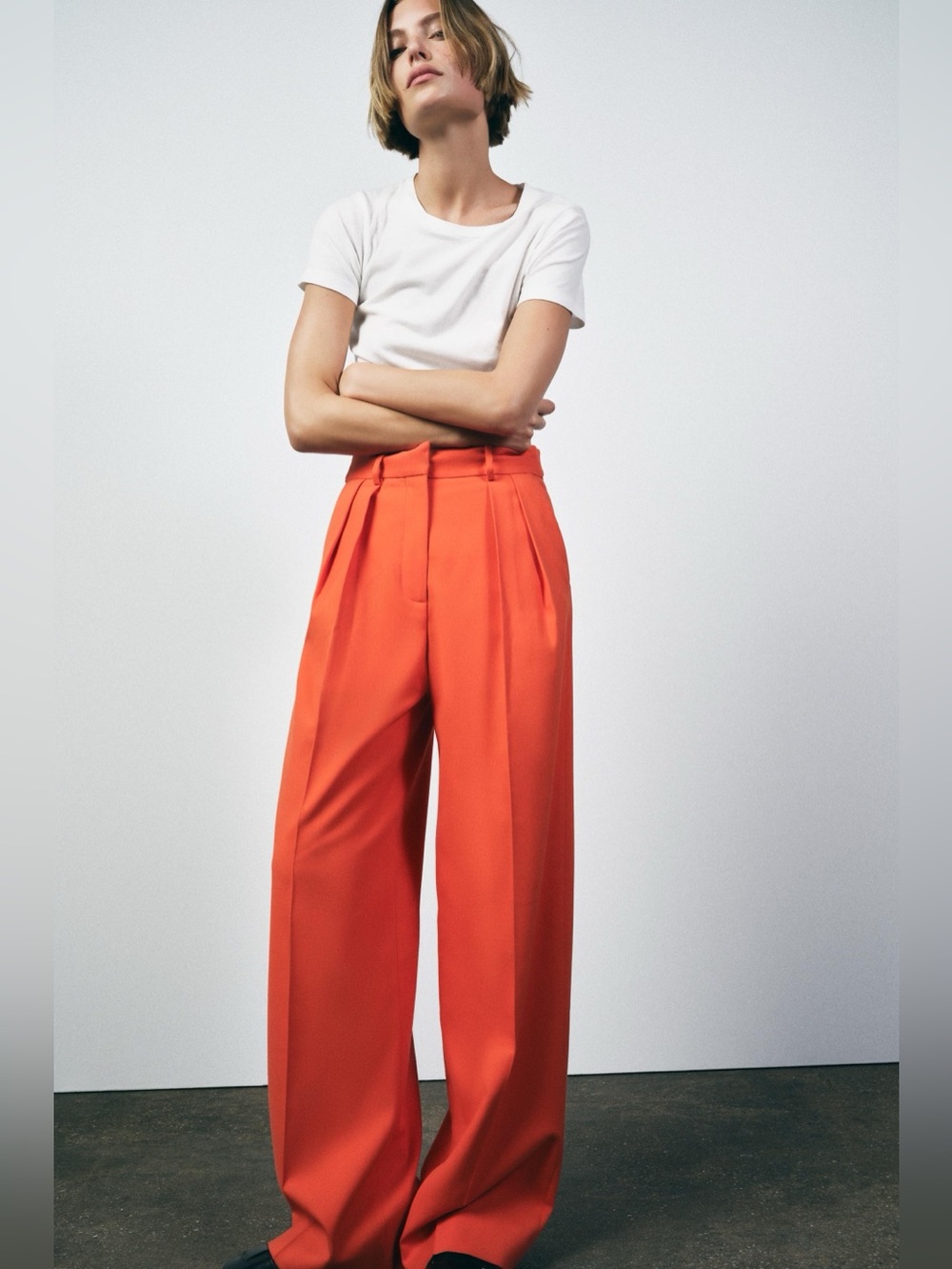 Zara wide leg front pleat full length orange pants trousers sz.M